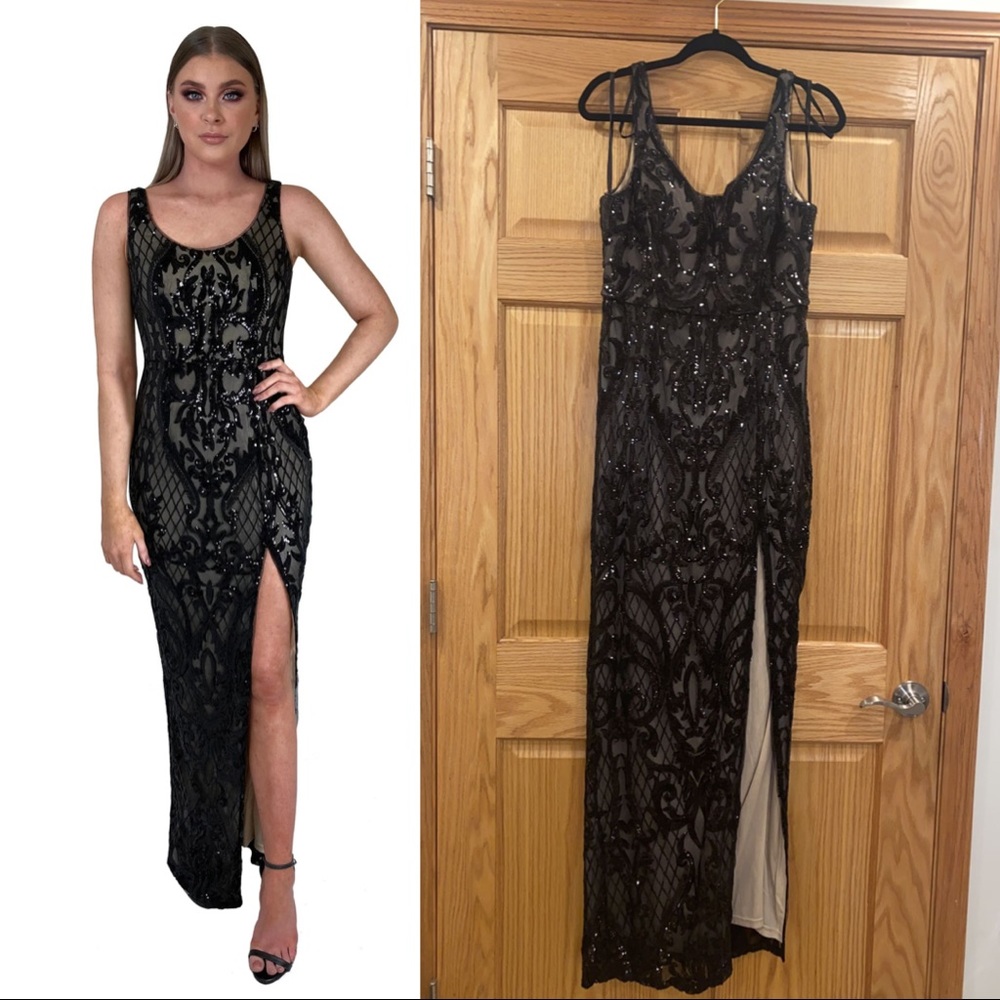 Bariano Dianne Scoop Pattern Sequin Gown